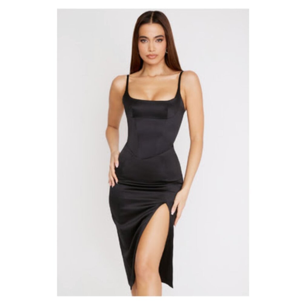 HOUSE OF CB 'Casimira' Black Satin Corset Midi Dress NWT